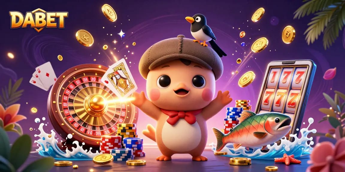 DABET showcases thrilling slots with playful creatures and vibrant casino elements.