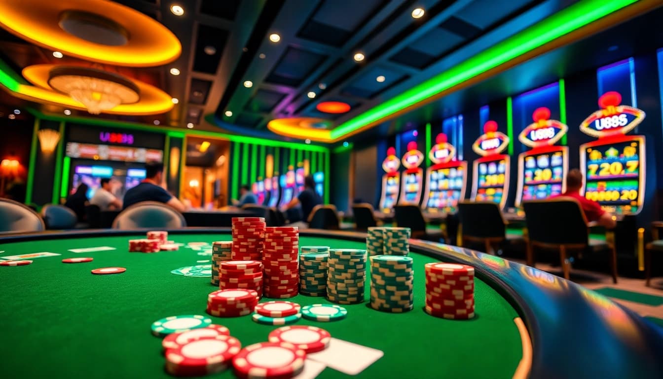 Engaging players at the U888 casino table with vibrant poker chips and cards illustrated.