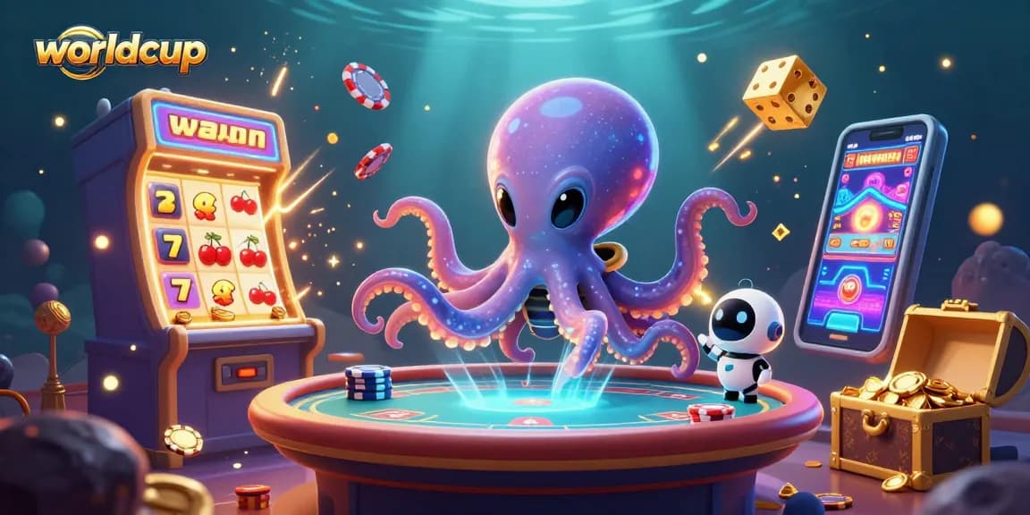 Engage in thrilling worldcup action with a playful octopus at a high-tech poker table amidst floating casino elements.