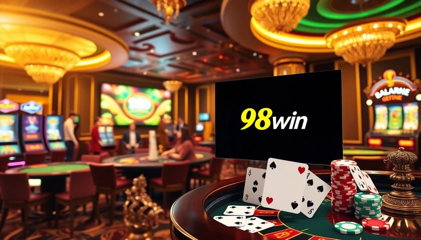 Experience the excitement of gambling at 98win's vibrant casino with tables, slot machines, and enthusiastic players.