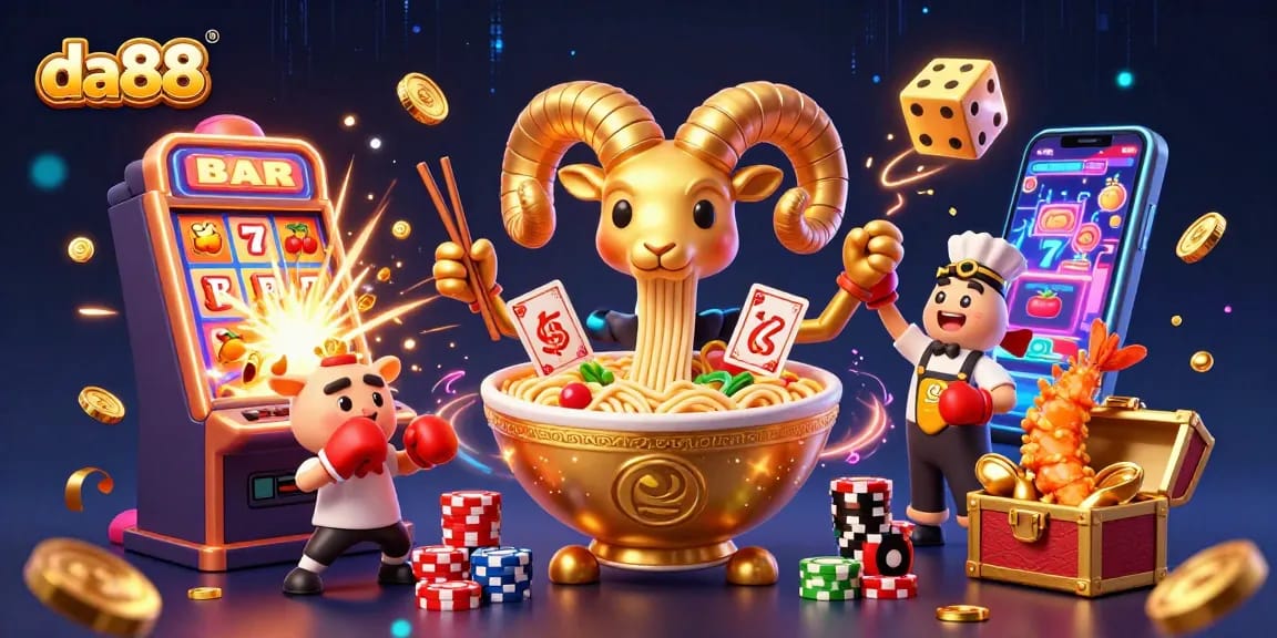 da88 features a vibrant 3D illustration of characters celebrating wins in an exciting casino atmosphere.