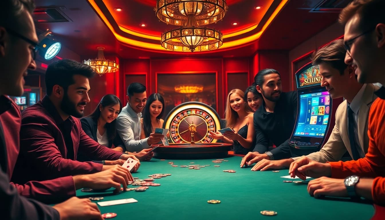 Experience the excitement of tải sunwin with vibrant casino elements like poker chips and a roulette wheel.