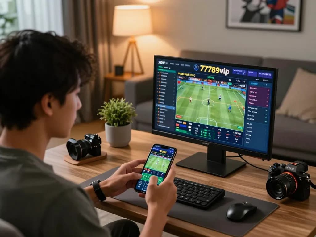 Engaging with sports betting on smartphone at home, showcasing 77789vip in action.