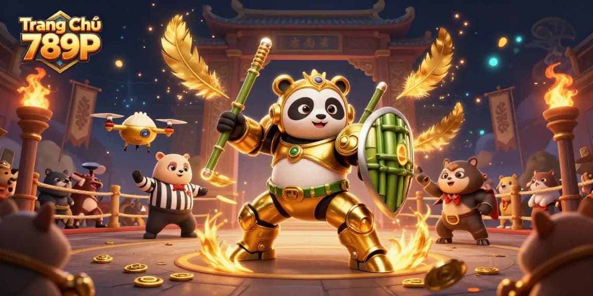 Engage with the vibrant atmosphere of Trang Chủ 789P, showcasing a dynamic 3D illustration of a golden panda piloting a unique bamboo robot.