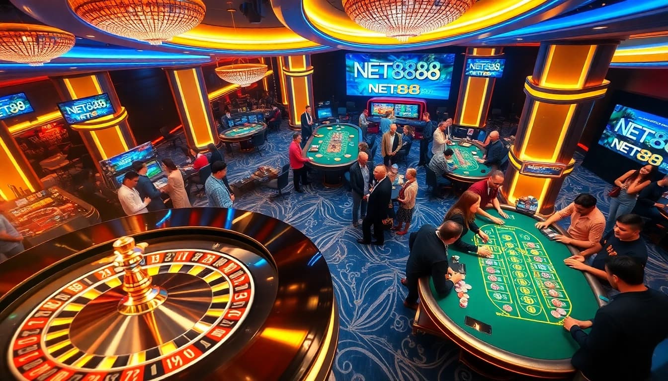 Exciting players winning at NET88 roulette tables in a luxurious casino atmosphere.