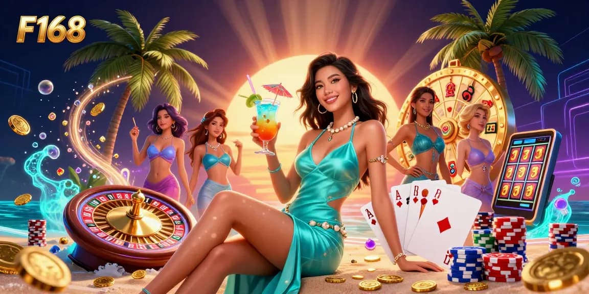 Experience the excitement at F168 with stunning casino-themed art showcasing a glamorous woman and vibrant gaming elements.