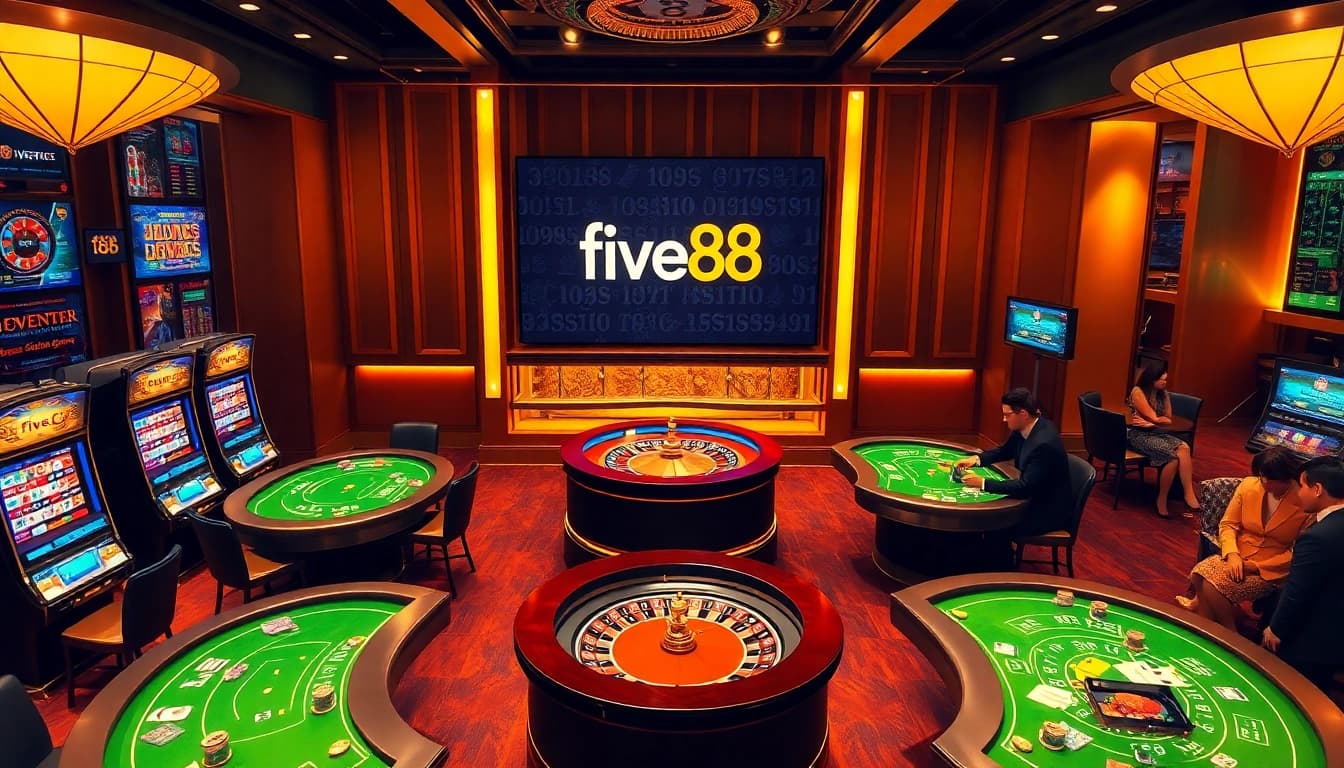 Exciting five88 casino scene with vibrant tables and illuminated slot machines.