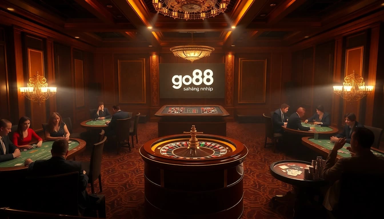 Experience the excitement of go88 đăng nhập with a captivating casino scene featuring poker chips and roulette wheels.