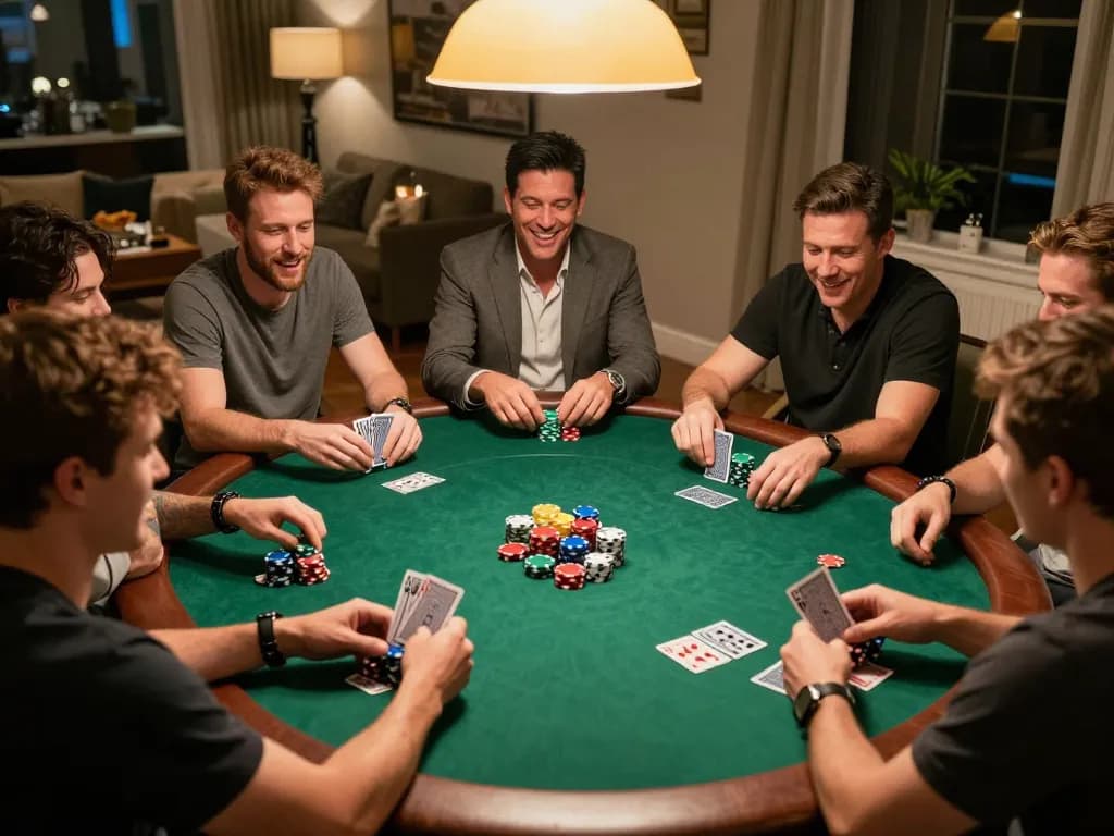 Friends engaging in an exciting poker game at home, showcasing f168's social gambling experience.