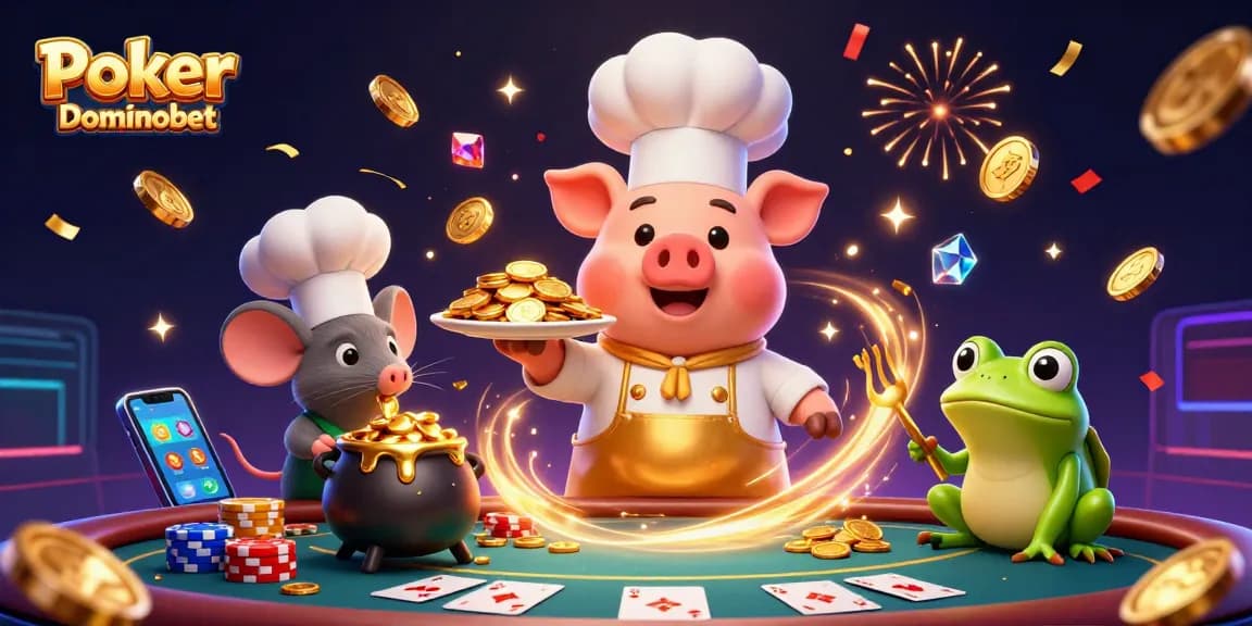 Engaging scene showcasing Poker Online Dominobet with characters celebrating around gold coins and poker elements.