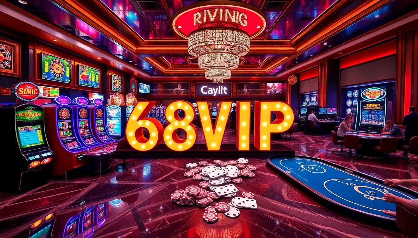 Exciting gaming atmosphere at 68VIP Casino featuring vibrant tables and slot machines.