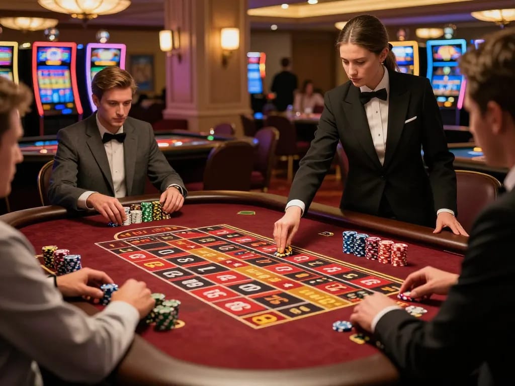 FABET players placing strategic bets at an upscale roulette table in an elegant casino