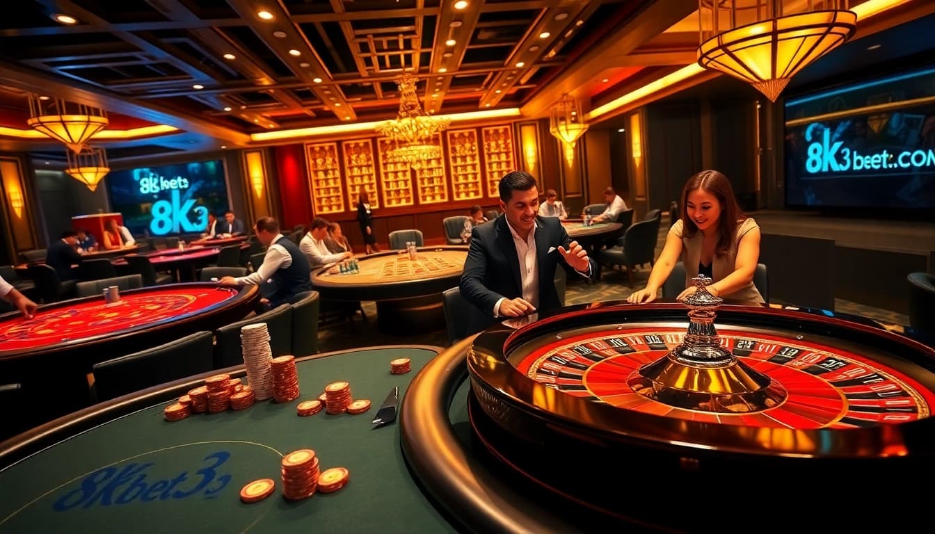 An engaging casino scene from 8kbet3.com, showcasing players enjoying poker and roulette with vibrant decor.