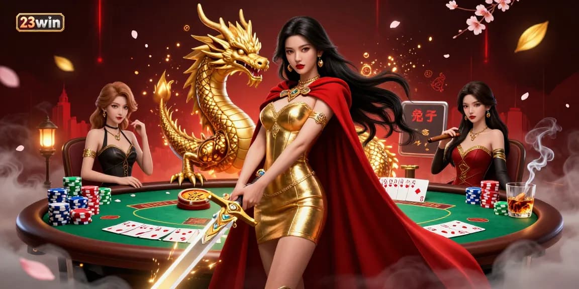 Engage with 23win's casino excitement featuring a warrior queen, poker elements, and golden dragon.