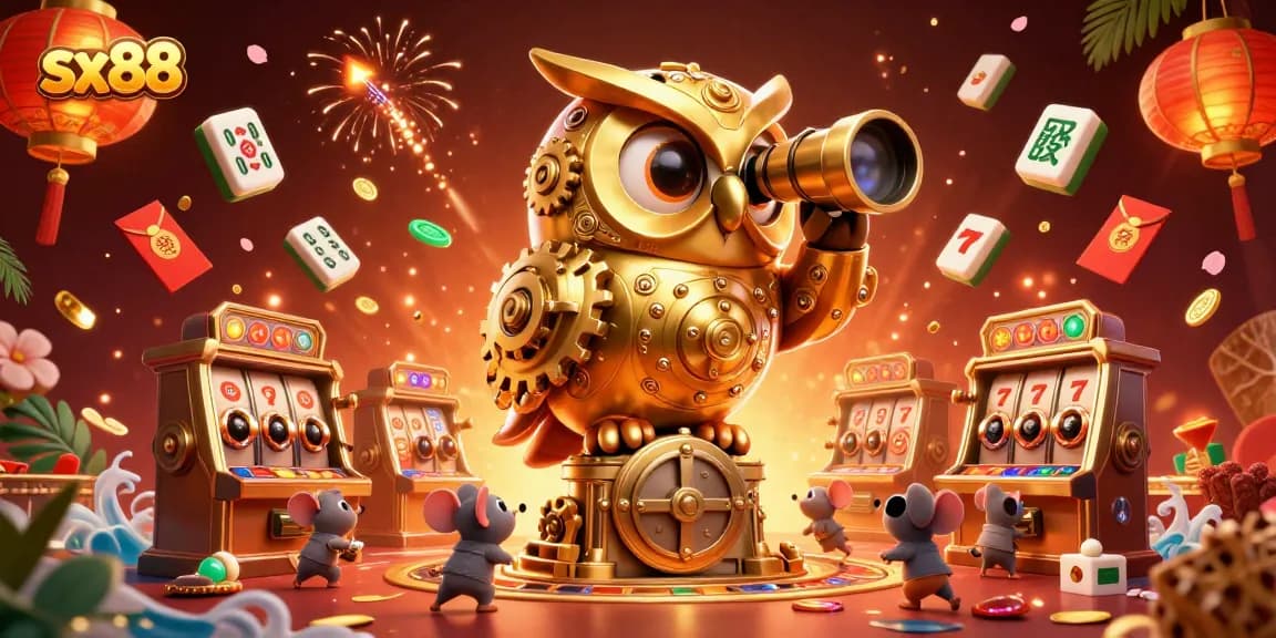 Experience thrilling gaming at sx88 with an enchanting 3D owl and lively slot machines.