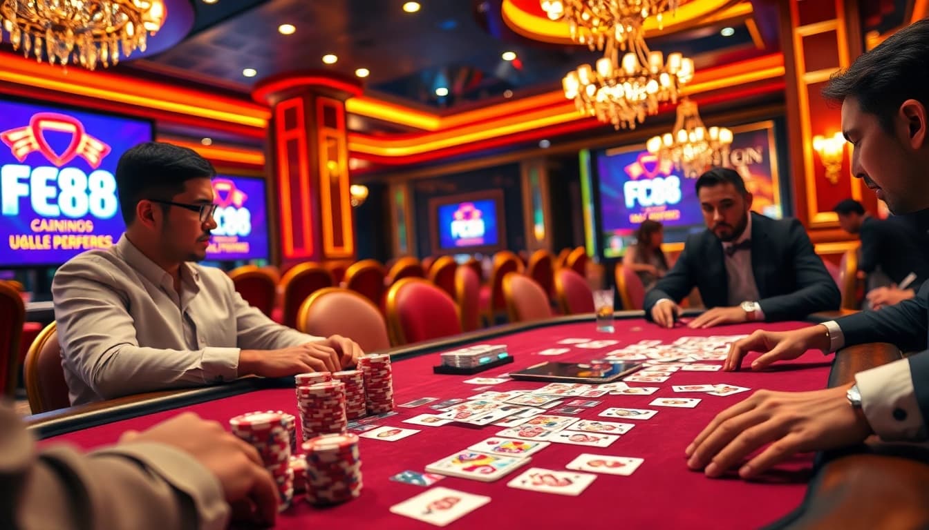 FC88 players engaging in a high-stakes poker game in a luxurious casino ambiance.