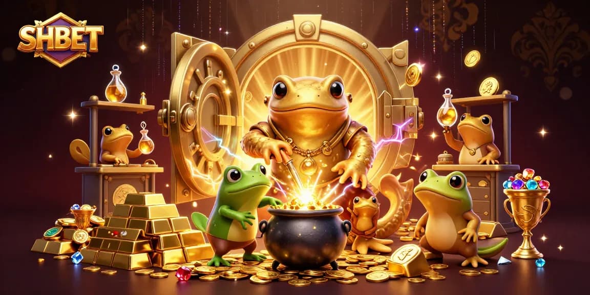 Experience SHBET's dynamic casino world with this vibrant 3D illustration of a magical alchemist and his golden treasures.