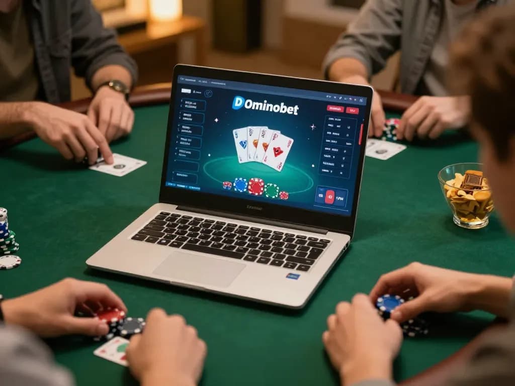 Players engaging in the Dominobet IDN Poker online game, showcasing intense gameplay with chips and cards.