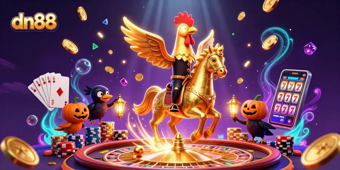 Play and win on dn88 with a golden rooster headless horseman in a vibrant casino.