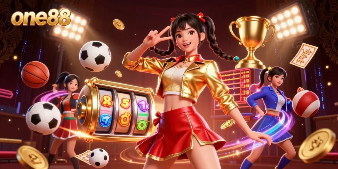 Spin the reels with one88; a vibrant 3D illustration showcasing a lively casino atmosphere.