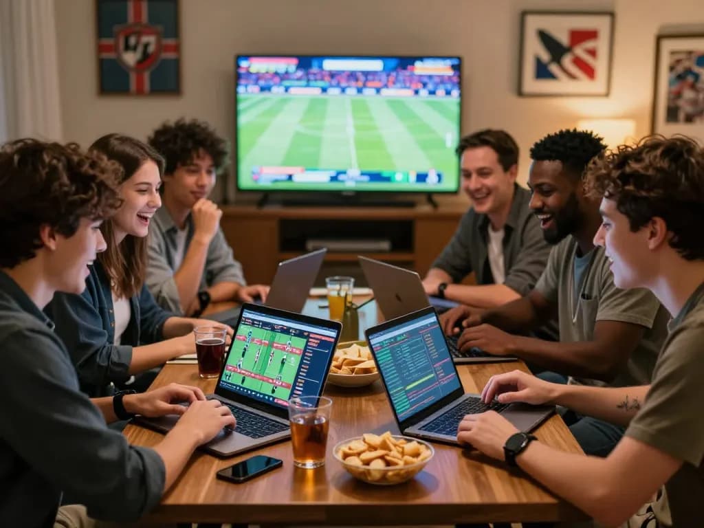 Friends engaging in debet sports betting, lively atmosphere with snacks and live games.