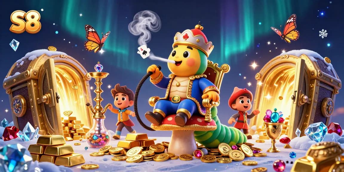 S8 players strategize around a vibrant 3D illustration of a caterpillar hookah-master in a casino setting.