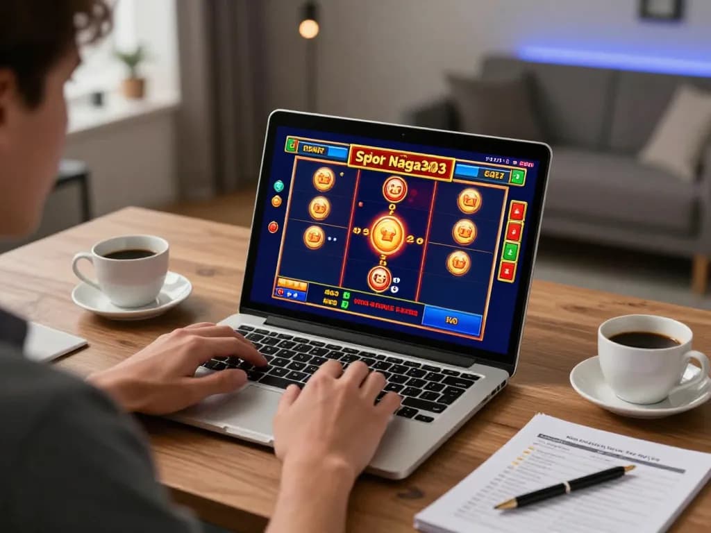 Engaged player enjoying Slot Gacor Naga303 online, showcasing a stylish gaming setup.
