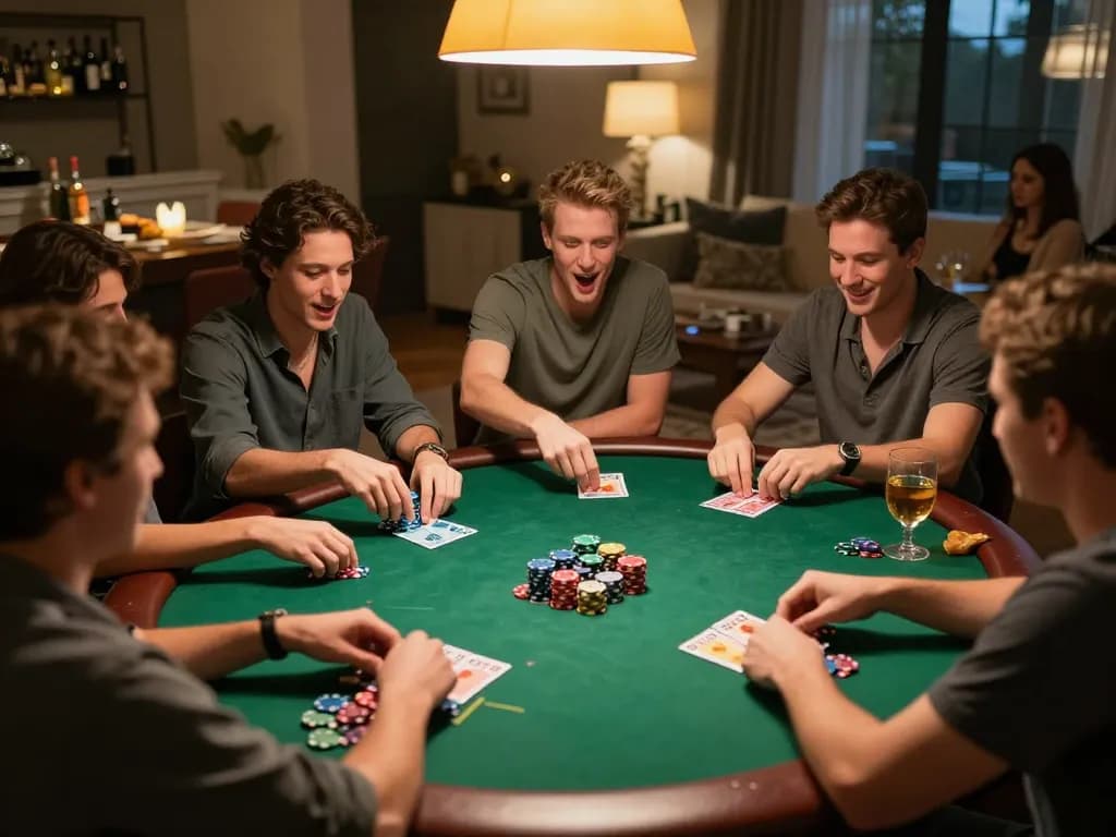 Fabet poker game night with friends, vibrant chips and cards, capturing excitement and strategy.