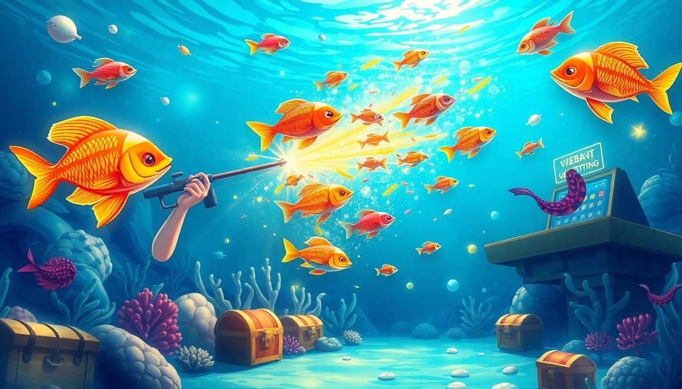 Engaging in bắn cá đổi thưởng, capturing the thrill of underwater fishing in a vibrant casino atmosphere.