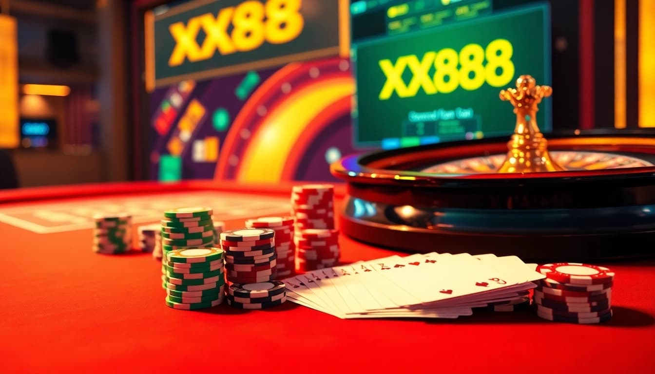 Enthusiastic players enjoying online gambling at XX88 casino with vibrant poker chips and cards.