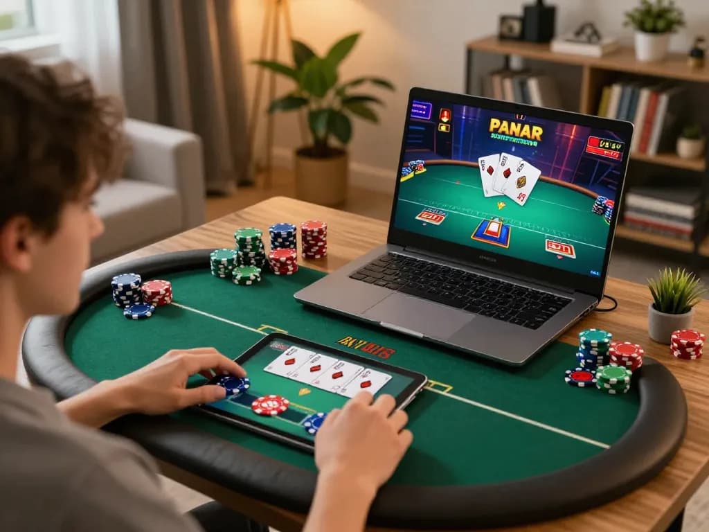 Engaged in online gambling with go8s, a player explores vibrant poker gameplay on multiple screens.