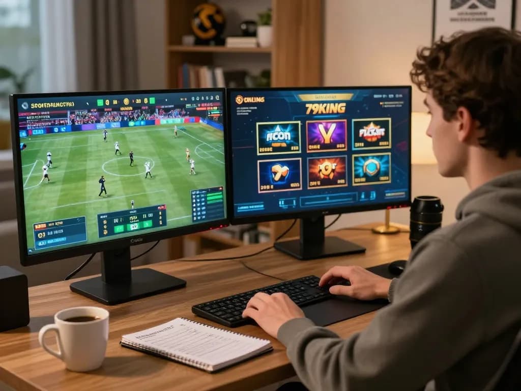 Engaging in live sports betting with 79KING interface on screens, showcasing a strategic home setup.