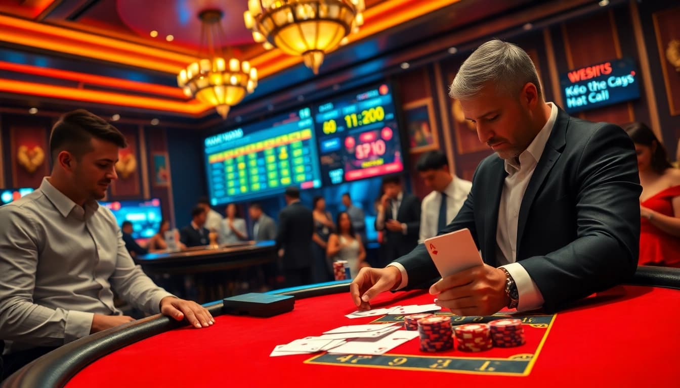 kèo nhà cái odds displayed on a digital screen at a vibrant casino scene with players engaged.