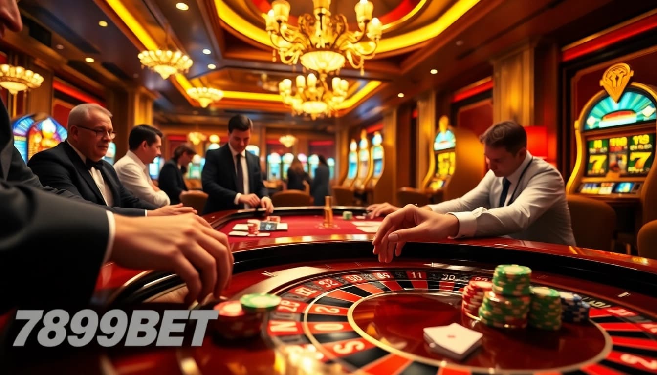 Engage in thrilling bets at 789BET's lavish casino, with dynamic gaming elements and vibrant ambiance.