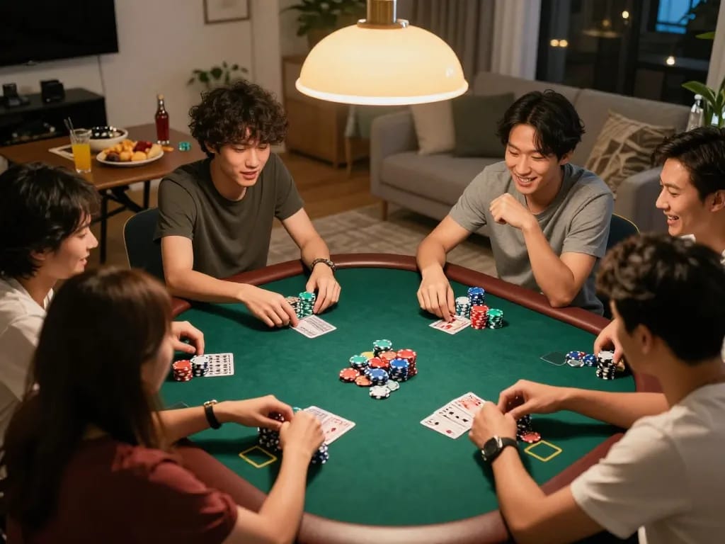 A poker night with friends showcasing aw8 gaming excitement and social interaction around a vibrant table setting.