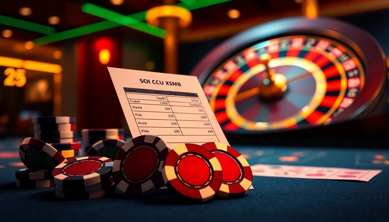 Soi cầu xsmb online betting scene with poker chips and roulette wheel in a luxurious casino environment.