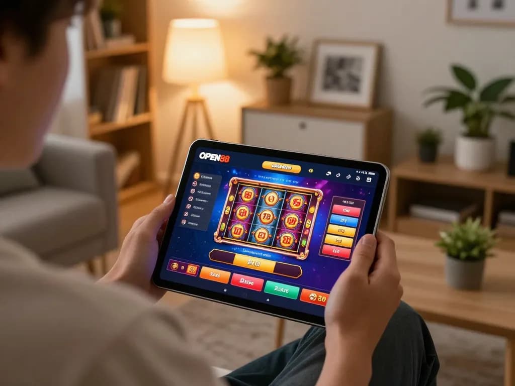 Enjoying an exciting session on the OPEN88 casino app with vibrant graphics in a cozy setting