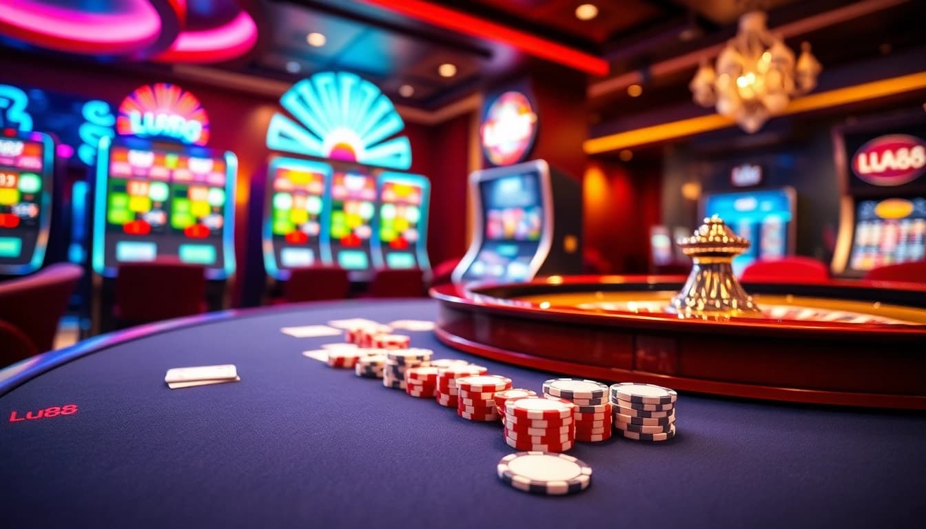 Engaging casino scene showcasing Lu88 with vibrant poker table and luxurious slot machines.