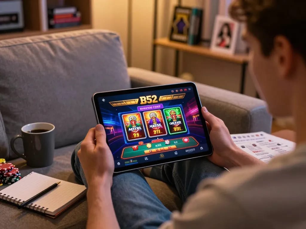 Engaging user playing B52 online casino on tablet with poker interface at home.