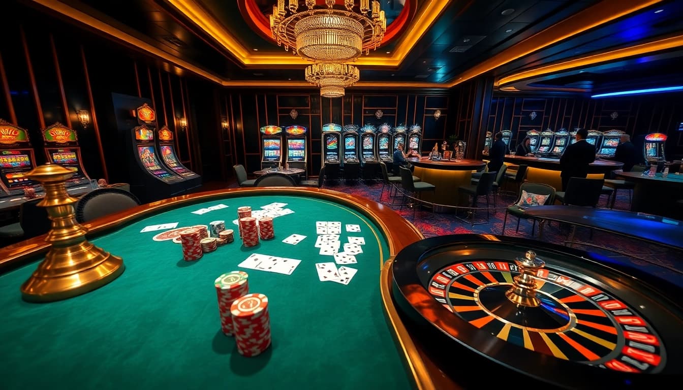Exciting gameplay at nha cai luck8 casino with poker chips, cards, and roulette wheel.