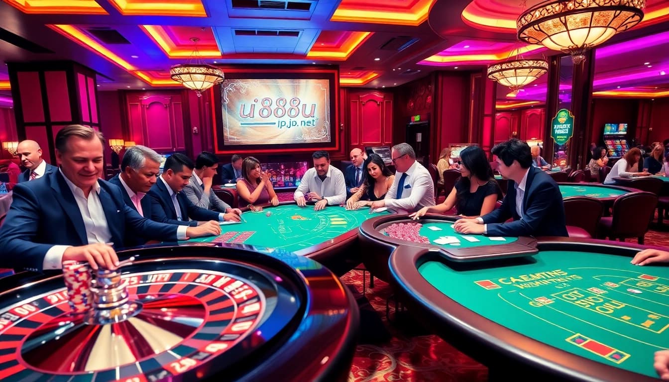 The thrilling atmosphere at uu88u.jp.net showcases enthusiastic gamblers engaged in poker and roulette.