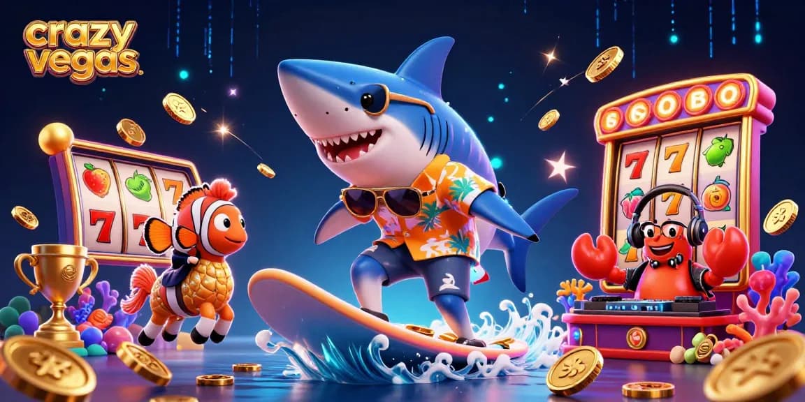 Crazyvegas showcases a dynamic underwater scene with a shark and clownfish among slot machines and gold coins.