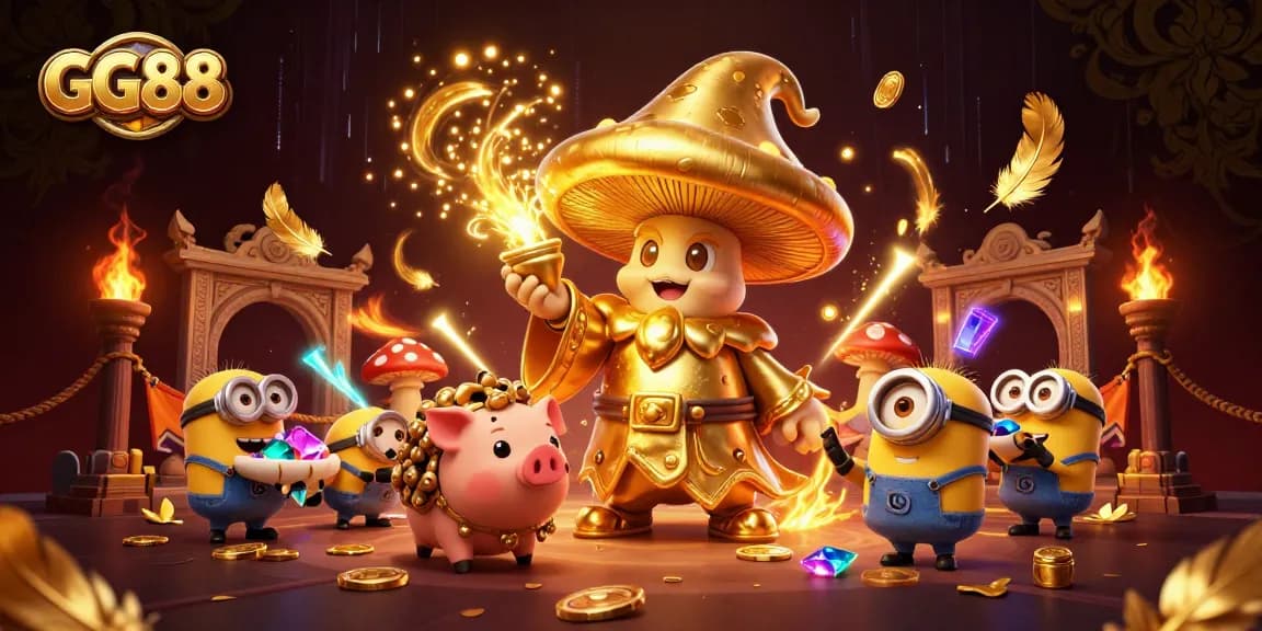 Experience the magic of GG88 with an enchanting wizard and treasure-hunting pig amidst a vibrant casino scene.