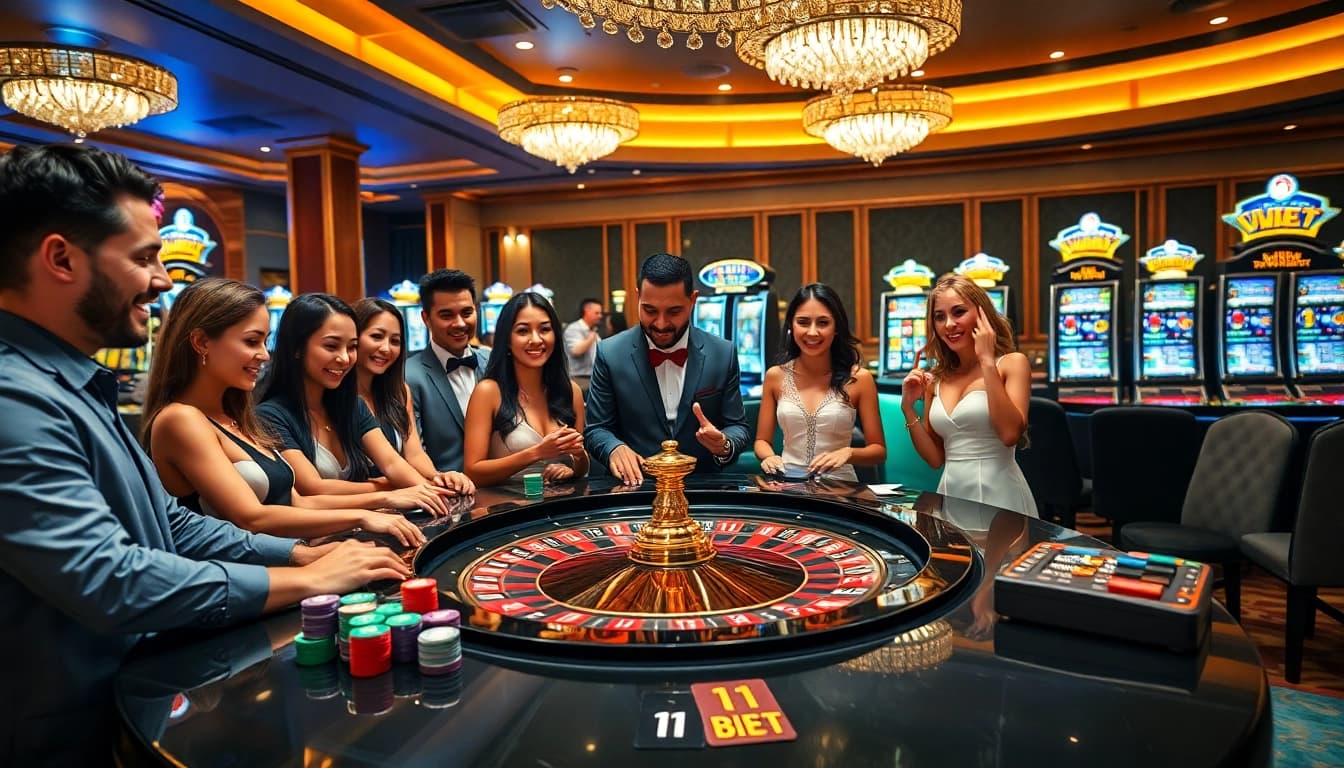 11BET clients eagerly placing bets at a luxurious roulette table in a vibrant casino scene.