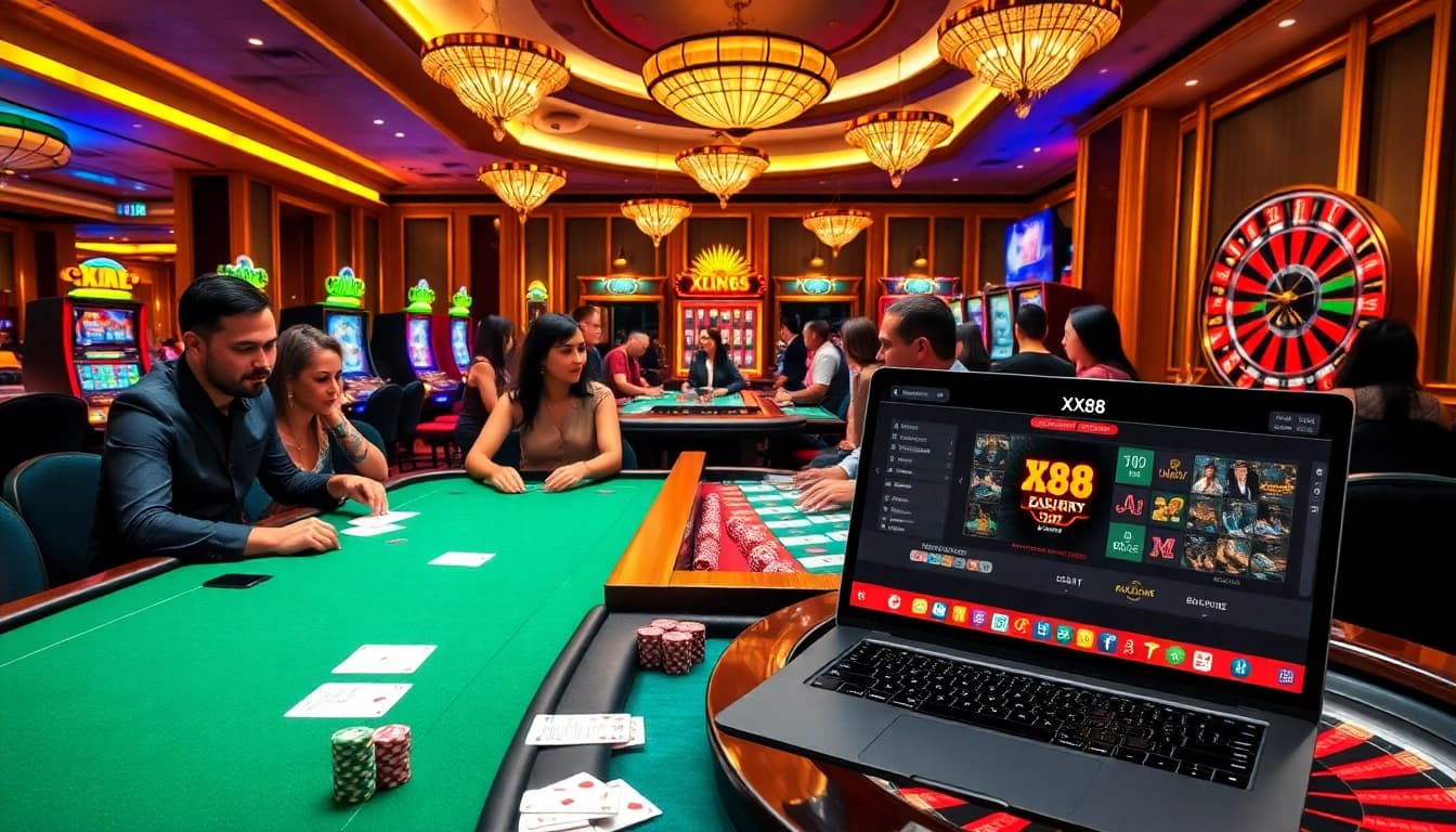 Experience the excitement of casino gaming at XX88 with vibrant tables, chips, and engaging players.