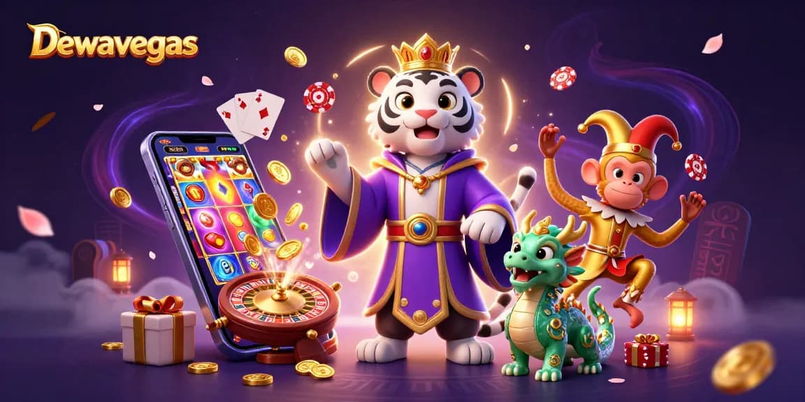Dewavegas offers a vibrant casino experience with a dynamic scene of a royal tiger, jester monkey, and jade dragon.