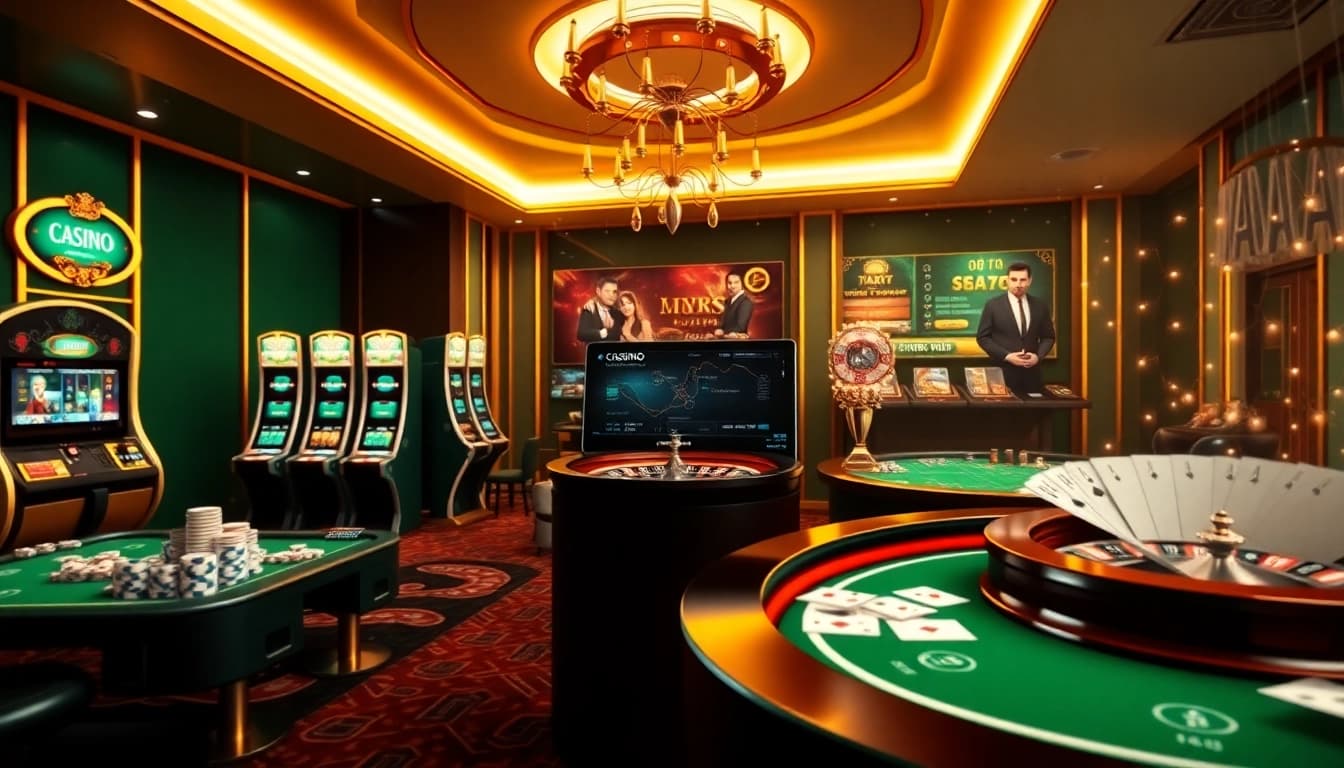 Experience luxury gaming at https://lucky88sss.com/ with this vibrant casino ambiance filled with poker chips and slot machines.