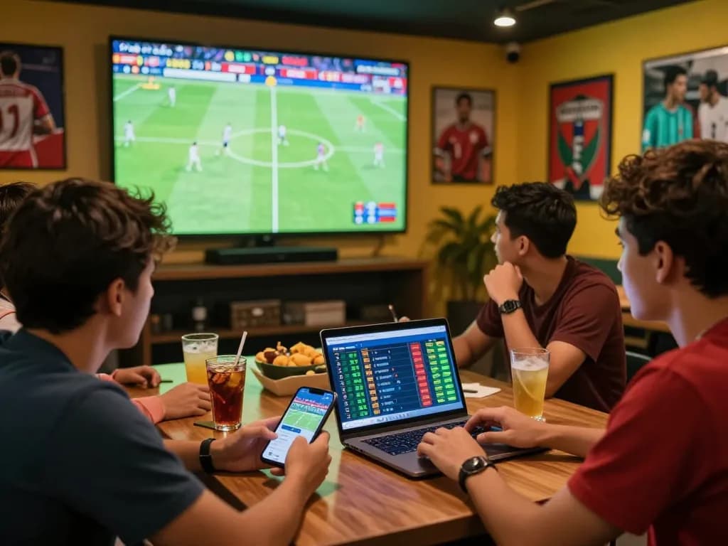 Friends engaging with kèo bóng đá trực tuyến using mobile and laptop while watching live soccer.