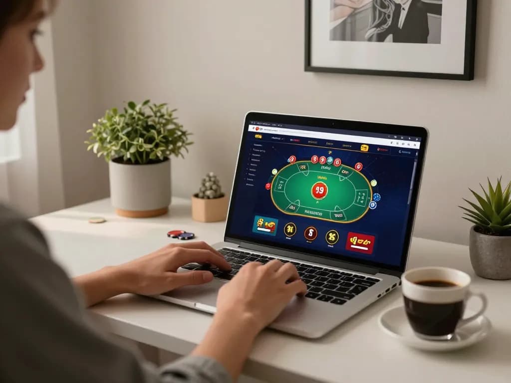Player engaging in online casino gaming on mk8th with laptop and cozy home atmosphere.