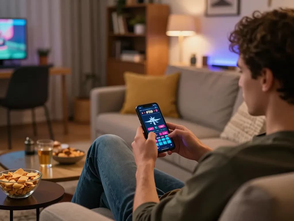 Engaged player using F168 mobile app for casino gaming on a cozy sofa